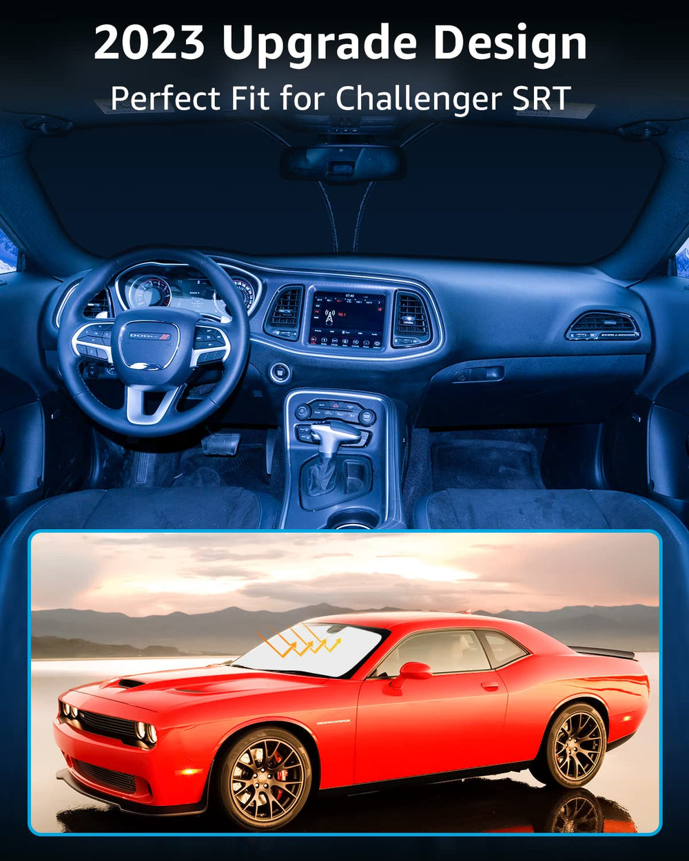 Proadsy 2024 Upgrade Windshield Sunshade Custom for Dodge Challenger SRT 2023 2022 2021 2020 2019 2018 2017 2016 2015 Reflective Heat Sun UV Protector Foldable Front Window Shade Accessories