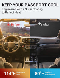2019-2025 Honda Passport windshield sun shade keeps car interior cool, before and after comparison