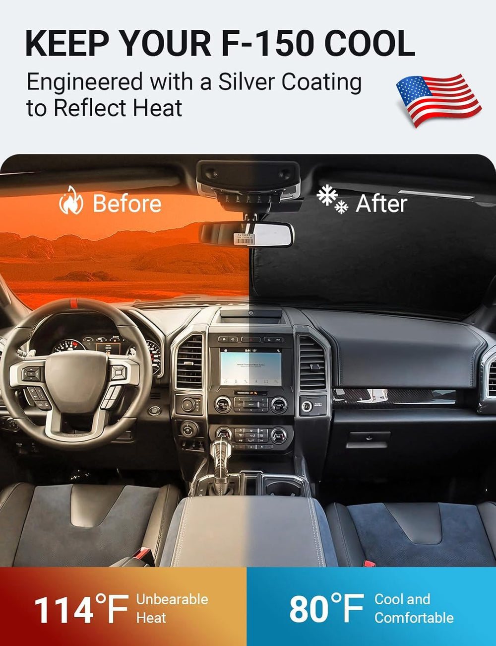 Proadsy 2025 Upgrade Front Windshield Sunshade Foldable Sun Shade Protector Custom Fit 2015-2020 Ford F-150 F150 Lariat, King Ranch, Platinum, XL XLT Limited Raptor Accessories