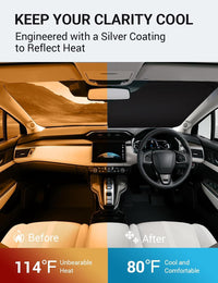 2017-2021 Honda Clarity windshield sun shade keeps car interior cool, before and after comparison
