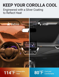 2019-2025 Toyota Corolla windshield sun shade keeps car interior cool, before and after comparison