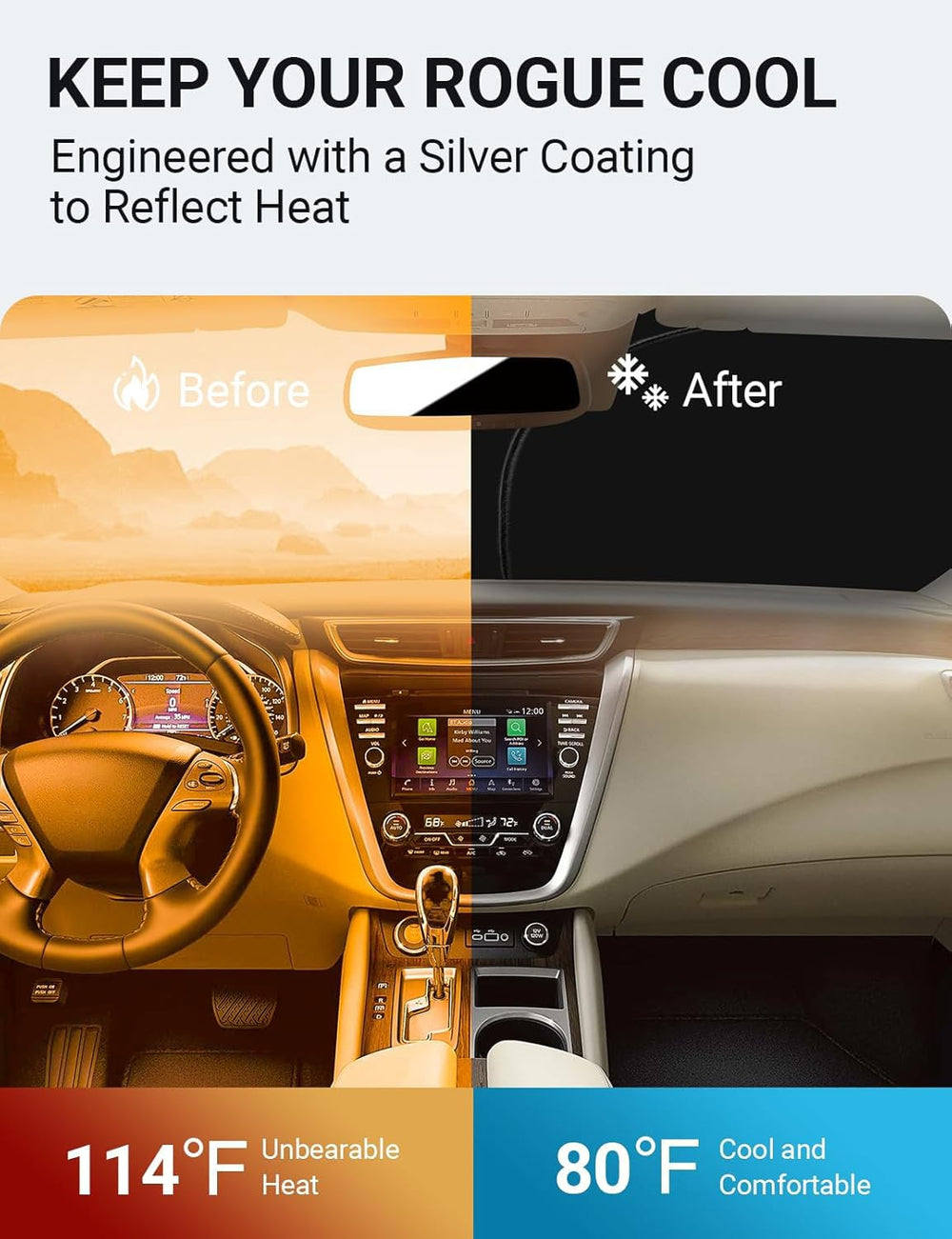Proadsy 2025 Upgrade Windshield Sun Shade Custom Fit Nissan Rogue 2014-2020 4-Layer Foldable Front Sunshade Protector Sun Visor Blocks UV Rays Keep Car Cooler Accessories