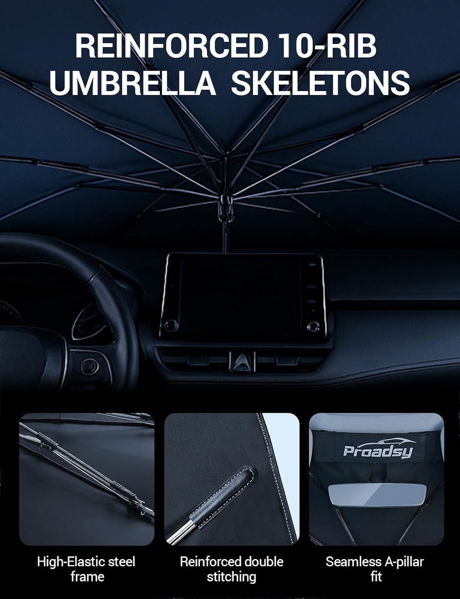Reinforced 10-rib umbrella skeleton opened against a car windshield