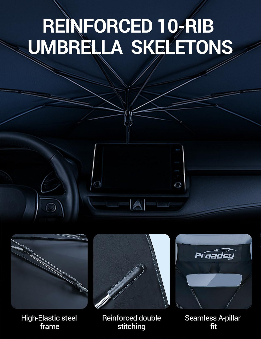 Proadsy Windshield Sun Shade Umbrella for Hyundai Santa Fe 2019-2023 Foldable Car Umbrella Sunshade with Soft TPU Handle Spring Structure Crystal Cooling Material Protect Car from Rays & Heat