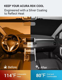 2007-2012 Acura RDX windshield sun shade keeps car interior cool, before and after comparison
