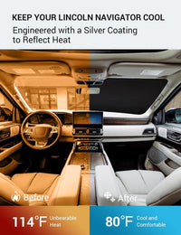 2018-2024 Lincoln Navigator windshield sun shade keeps car interior cool, before and after comparison