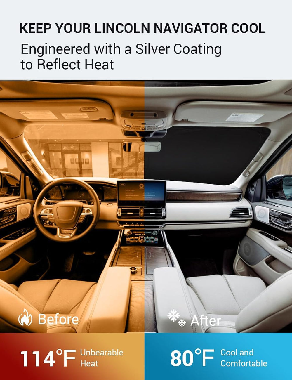 Proadsy 2025 Upgrade Windshield Sun Shade Custom Fit 2018–2023 2024 2025 Lincoln Navigator Foldable Front Sunshade Protector Sun Visor Blocks UV Rays Keep Car Cooler