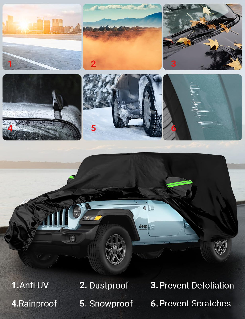 Proadsy 6 Layers Car Cover Custom Fit for Jeep Wrangler 4 Door JK JL YJ TJ 2018-2024 2025 Windproof All Weather Waterproof Sun Rain UV Dust Snow Protection Outdoor Covers