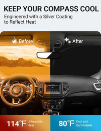 2017-2025 Jeep Compass windshield sun shade keeps car interior cool, before and after comparison
