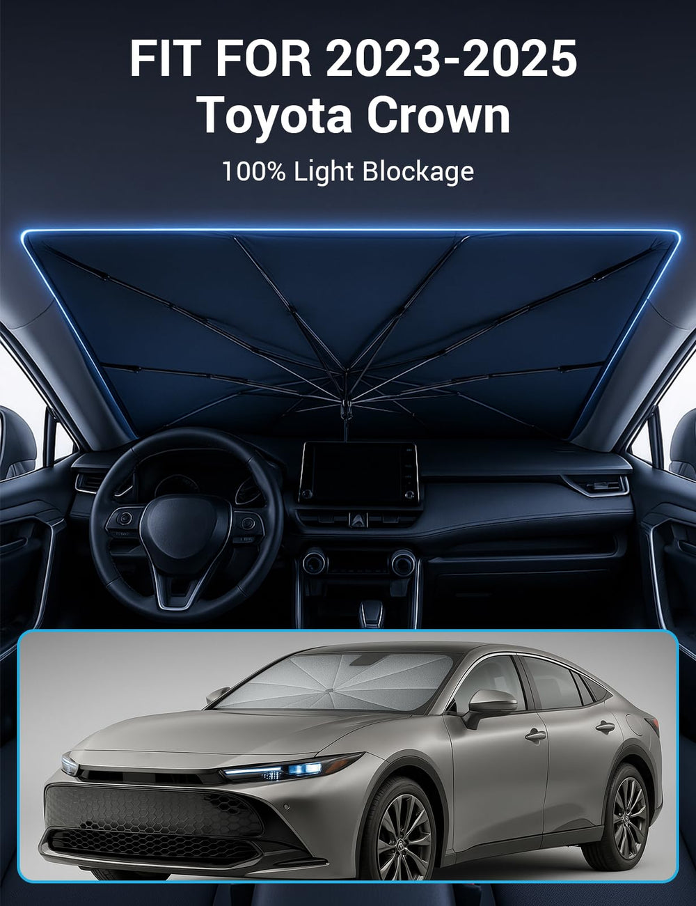 Proadsy Windshield Sun Shade Umbrella for 2023-2025 Toyota Crown Foldable Car Umbrella Sunshade with Soft Handle,Keeps Your Vehicle Cool,Protect Car from Rays & Heat