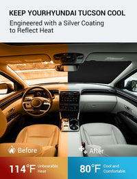 2022-2026 Hyundai Tucson windshield sun shade keeps car interior cool, before and after comparison
