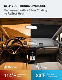 2006-2011 Honda Civic windshield sun shade keeps car interior cool, before and after comparison