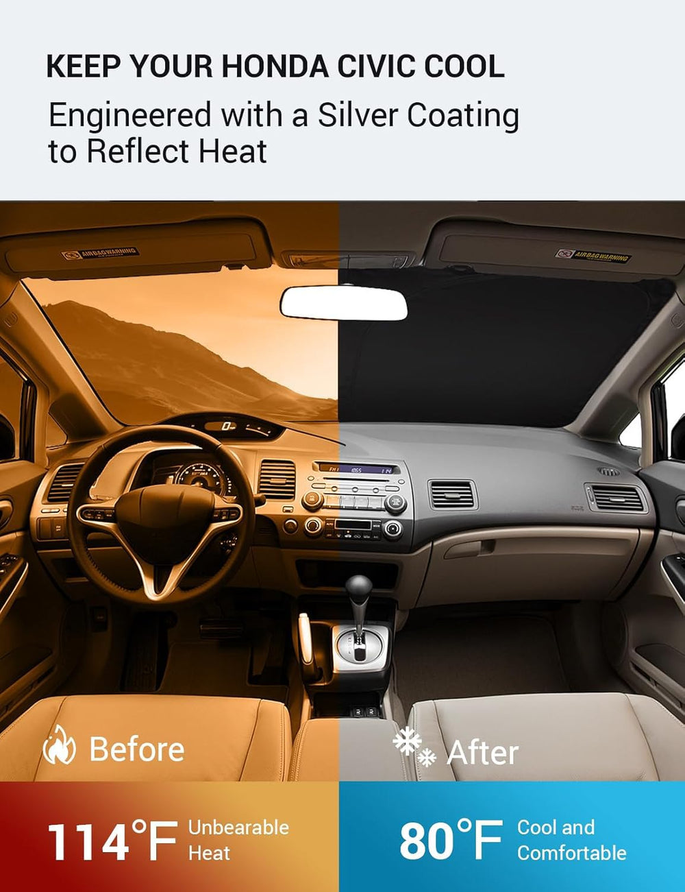 Proadsy 2025 Upgrade Windshield Sun Shade Custom Fit 2006-2011 Honda Civic Foldable Front Sunshade Protector Sun Visor Blocks UV Rays Keep Car Cooler