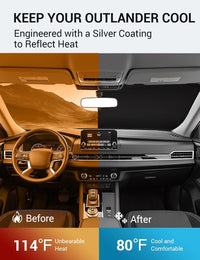 2022-2026 Mitsubishi Outlander windshield sun shade keeps car interior cool, before and after comparison