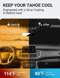 2021-2026 Chevrolet Tahoe windshield sun shade keeps car interior cool, before and after comparison