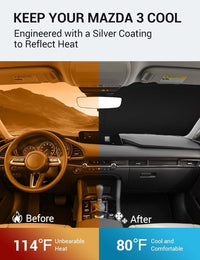 2019-2026 Mazda 3 windshield sun shade keeps car interior cool, before and after comparison