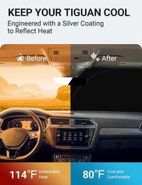 2018-2024 Volkswagen Tiguan windshield sun shade keeps car interior cool, before and after comparison