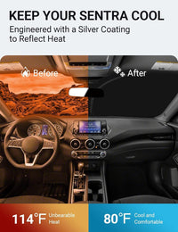 2020-2025 Nissan Sentra windshield sun shade keeps car interior cool, before and after comparison