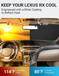 2010-2015 Lexus RX windshield sun shade keeps car interior cool, before and after comparison