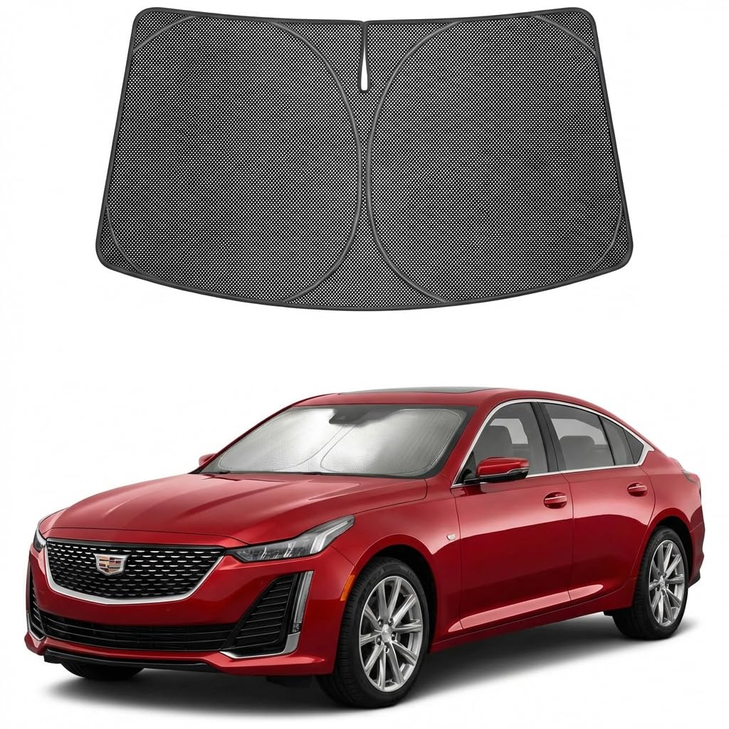 Proadsy Windshield Sun Shade Custom Fit Cadillac CT4 2020-2026 Ice Crystal Black Front Window Sunshade UV and Heat Blocker Foldable Visor Keeps Car Cooler for Summer Parking and Daily Use