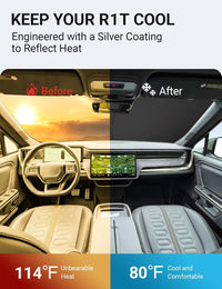 2022-2026 Rivian R1T Block windshield sun shade keeps car interior cool, before and after comparison