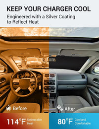 2006-2010 Dodge Charger windshield sun shade keeps car interior cool, before and after comparison
