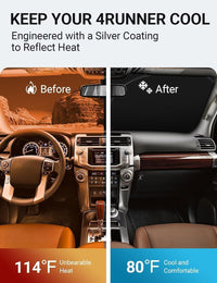 2010-2025 Toyota 4Runner windshield sun shade keeps car interior cool, before and after comparison