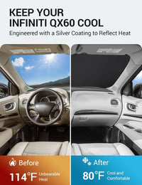 2014-2021 Infiniti QX60 windshield sun shade keeps car interior cool, before and after comparison