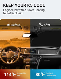 2021-2026 Kia K5 windshield sun shade keeps car interior cool, before and after comparison