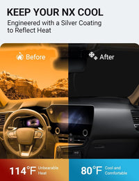 2022-2026 Lexus NX NX250 NX350 windshield sun shade keeps car interior cool, before and after comparison