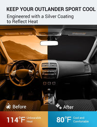 2011-2026 Mitsubishi Outlander windshield sun shade keeps car interior cool, before and after comparison
