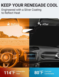 2015-2023 Jeep Renegade windshield sun shade keeps car interior cool, before and after comparison