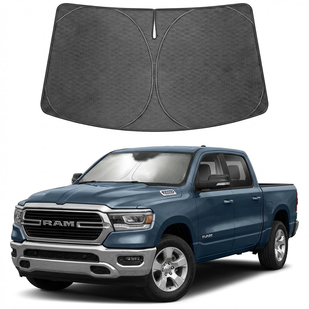 Proadsy Windshield Sun Shade Custom Fit RAM 1500 2019-2026 Ice Crystal Black Front Window Sunshade UV and Heat Blocker Foldable Visor Keeps Car Cooler for Summer Parking and Daily Use