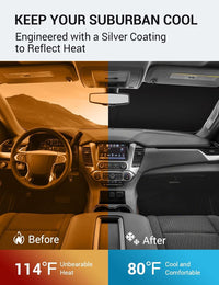 2015-2020 Chevrolet Suburban windshield sun shade keeps car interior cool, before and after comparison