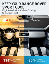 2014-2022 Land Rover Range Rover Sport windshield sun shade keeps car interior cool, before and after comparison