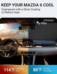 2014-2021 Mazda 6 Sedan windshield sun shade keeps car interior cool, before and after comparison