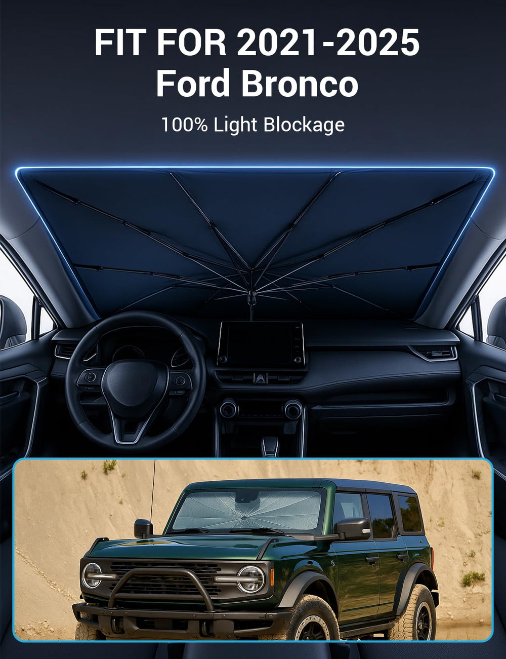 Proadsy Windshield Sun Shade Umbrella for 2021-2025 Ford Bronco 2/4-Door Foldable Car Umbrella Sunshade with Soft Handle,Keeps Your Vehicle Cool,Protect Car from Rays & Heat