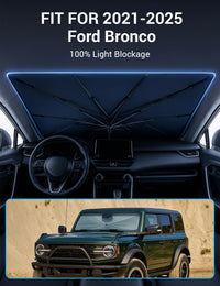 Proadsy Windshield Sun Shade Umbrella for Ford Bronco 2/4 Door 2021-2025 2026 Foldable Car Umbrella Sunshade with Soft TPU Handle Spring Structure Crystal Cooling Material Protect Car from Rays & Heat