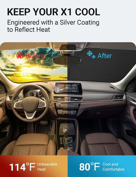 Custom American designed 2016-2022 BMW X1 F48 windshield sunshade, will not sag or collapse