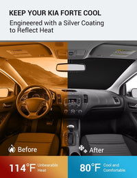 2014-2018 Kia Forte windshield sun shade keeps car interior cool, before and after comparison