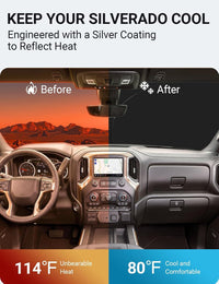 2014-2018 Chevrolet Silverado windshield sun shade keeps car interior cool, before and after comparison