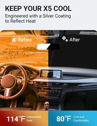 2014-2018 BMW X5 windshield sun shade keeps car interior cool, before and after comparison