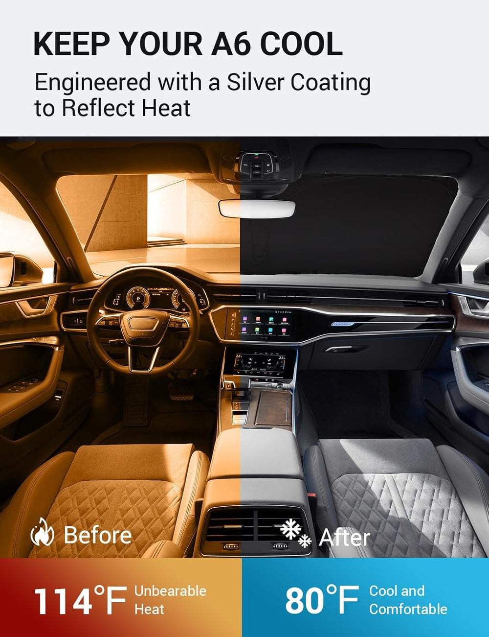 Proadsy 2026 Upgrade Windshield Sun Shade Custom Fit 2019-2025 Audi A6 Foldable Front Sunshade Protector Sun Visor Blocks UV Rays Keep Car Cooler