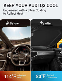 2019-2026 Audi Q3 windshield sun shade keeps car interior cool, before and after comparison