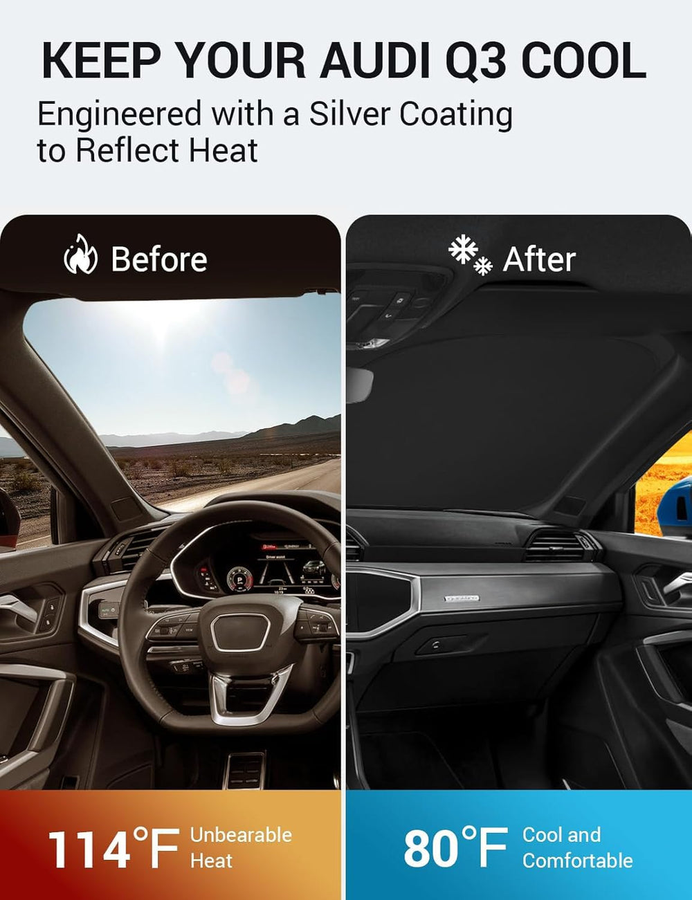 Proadsy 2025 Upgrade Windshield Sun Shade Custom Fit Audi Q3 2019-2024 2025 Foldable Front Sunshade Protector Sun Visor Keep Car Cooler Accessories
