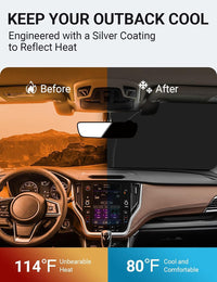 2020-2025 Subaru Outback windshield sun shade keeps car interior cool, before and after comparison