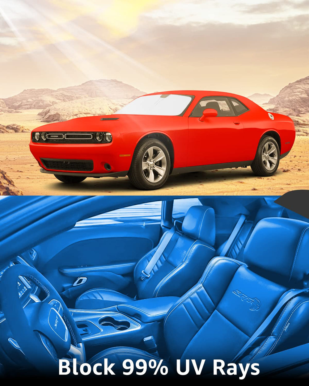 Proadsy 2024 Upgrade Windshield Sunshade Custom for Dodge Challenger SRT 2023 2022 2021 2020 2019 2018 2017 2016 2015 Reflective Heat Sun UV Protector Foldable Front Window Shade Accessories