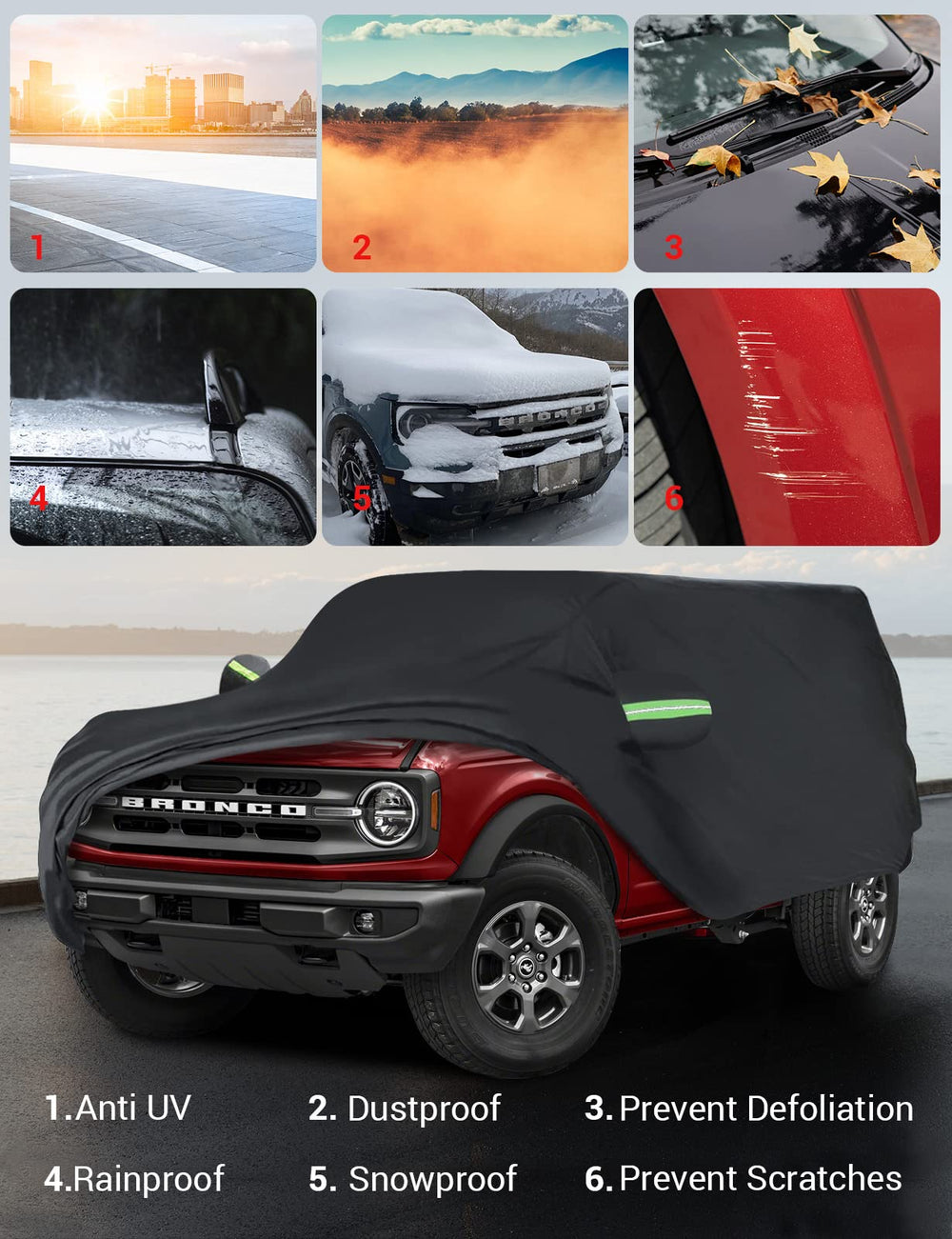 Proadsy 2025 Upgrade Car Cover Compatible with Ford Bronco 4 Door 2021-2024 2025 Windproof All Weather Waterproof Sun Rain UV Dust Snow Protection Outdoor Covers