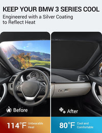 2013-2018 BMW 3 Series windshield sun shade keeps car interior cool, before and after comparison