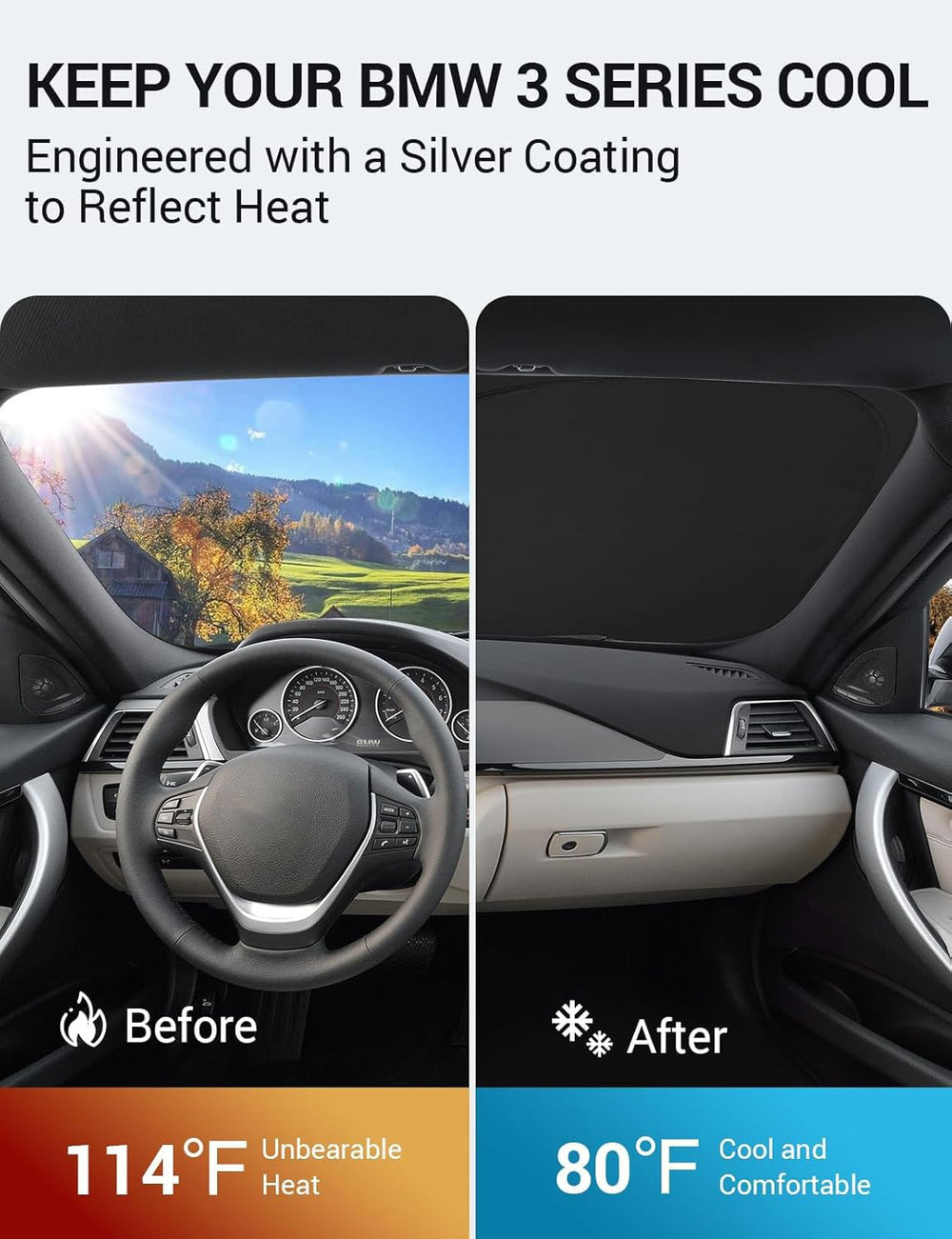 Proadsy 2025 Upgrade Windshield Sun Shade Custom Fit 2013-2018 BMW 3-Seriess /F30 /F31 /F80 /M3 4-Layer Foldable Front Sunshade Protector Sun Visor Blocks UV Rays Keep Car Cooler